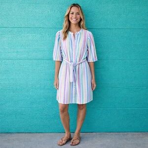 GAP STRIPED LINEN SHIRT DRESS TIE BELT PUFF SLEEVES SIZE LARGE NWT